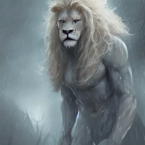 Prompt: aesthetic portrait commission of a albino muscular and attractive anthro lion as a character form game of thrones, gloomy/wet atmosphere, dim lighting, hyperdetailed. Character design by charlie bowater, ross tran, artgerm, and makoto shinkai, detailed, inked, western comic book art, 2021 award winning painting