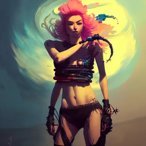 Image similar to a beautiful punkrocker in crop top, concept art by pete mohrbacher and guweiz and ilya kuvshinov, digital art, highly detailed, intricate, sharp focus, trending on artstation hq, deviantart, unreal engine 5, 4 k uhd image