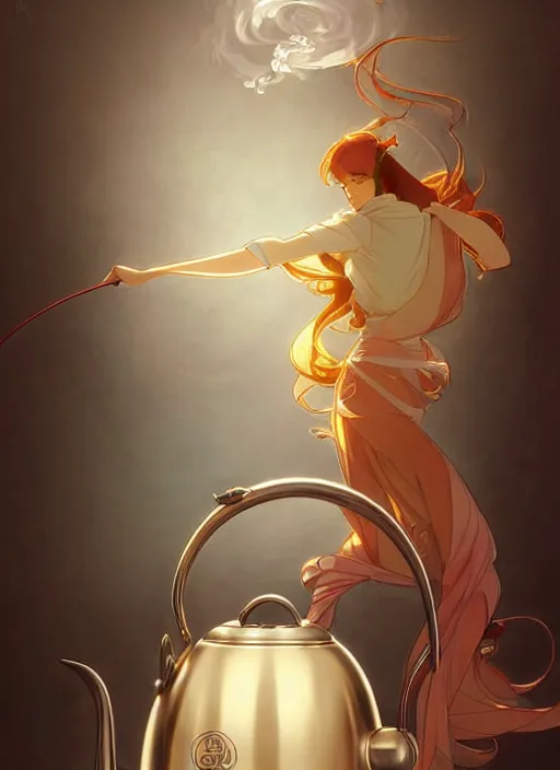 Image similar to stylish modern kettle boiling water, steam coming from spout, natural lighting, path traced, highly detailed, high quality, digital painting, by don bluth and ross tran and studio ghibli and alphonse mucha, artgerm