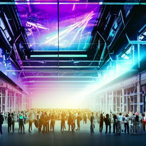 Image similar to large group people in a warehouse, looking at hologram of futuristic city on a table, cinematic concept art, godrays, golden hour, natural sunlight, 4 k, clear details, tabletop model buildings, tabletop model, hologram center, crane shot, crane shot, crane shot