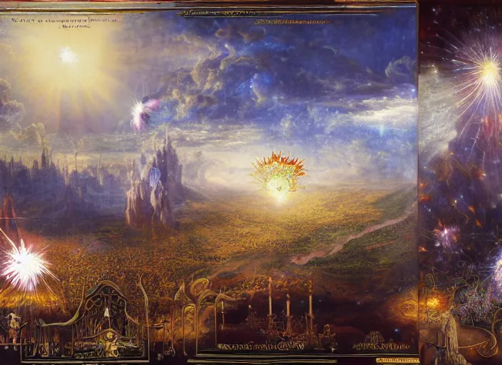 Image similar to a beautiful and highly detailed matte painting of magical tarot cards floating in the midst of magical explosions, intricate details, epic scale, insanely complex, 8 k, sharp focus, hyperrealism, very realistic, by caspar friedrich, albert bierstadt, james gurney, brian froud,