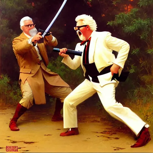 Image similar to colonel sanders with katana fighting donald mcdonald with gun, highly detailed painting by gaston bussiere, craig mullins, j. c. leyendecker, 8 k