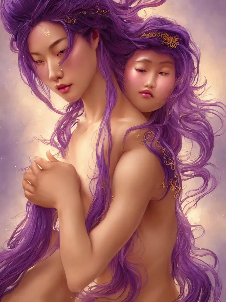 Image similar to asian nymph goddess flowing purple hair twisting in sensual pose with golden tattoes of cursive sigils on her opalescent skin, fantasy, intricate, very beautiful, elegant, golden light, highly detailed, digital painting, artstation, concept art, smooth, sharp focus, unreal engine, art by wlop and tian zi and alphonse mucha