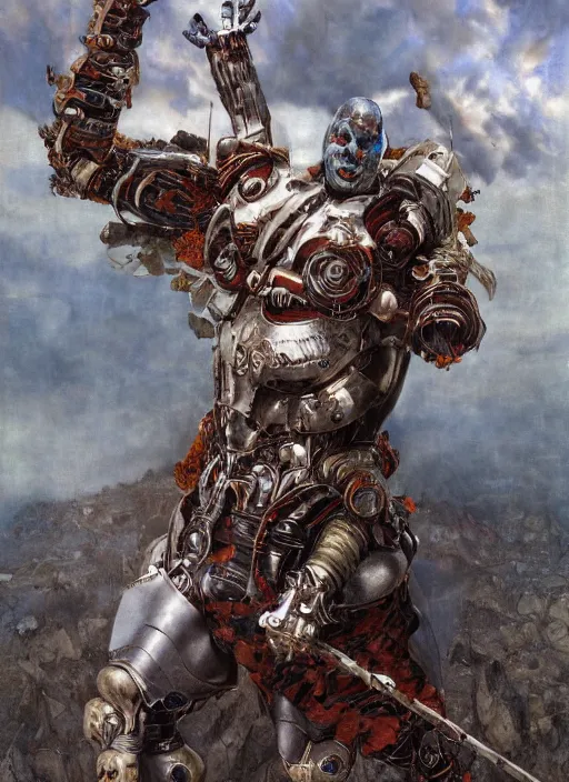 Image similar to portrait of a diabolical cyborg clown warrior, torn cape, adaptive armor, dynamic pose, heavy eyes to the side, ancient ruins, glowing veins subsurface scattering, in clouds, sunset, portrait, by gerald brom, by mikhail vrubel, by peter elson, muted colors, extreme detail, reflections, trending on artstation, 8 k