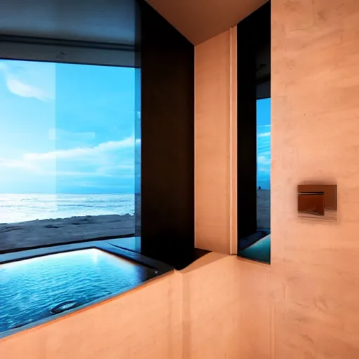 Prompt: Futuristic bathroom made of blue goo with a large window showing sea horizon at sunset