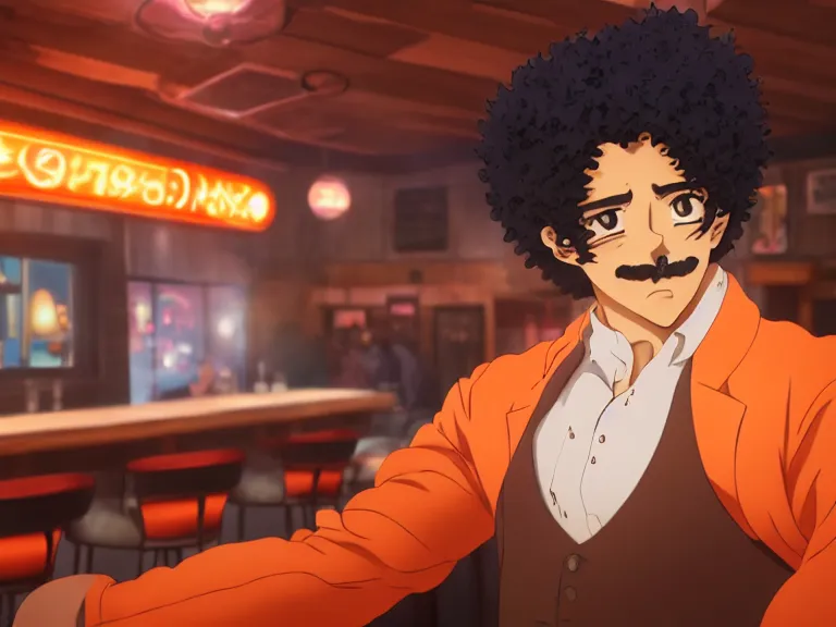 Image similar to close - up anime still of ( ( charming!!!!! latino middle - aged anime protagonist with curly afro and moustache!!! tilting his head charmingly ) late night in an anime bar, cozy lights, detailed orange atmosphere. cinematic rim lighting, global illumination, trending on artstation, hypdertailed, perfect shading, dreamy, masterpiece