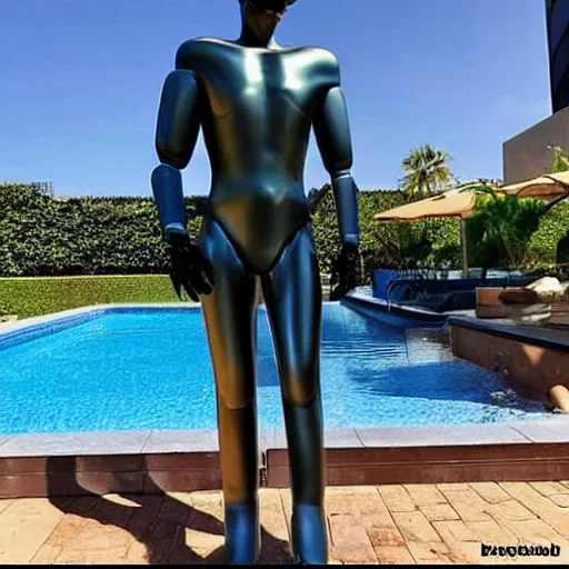 Image similar to “a realistic detailed photo of a guy who is an attractive humanoid who is half robot and half humanoid, who is a male android, twitch streamer Ninja Tyler Blevins, shiny skin, posing like a statue, blank stare, by the pool as a pool boy , display”