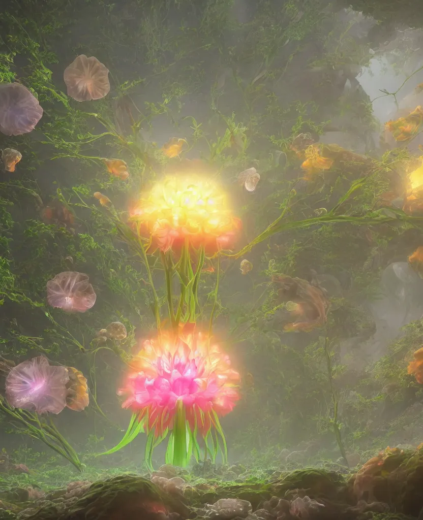 Prompt: a giant flower made out of chakra, giant gladiola and jellyfish chakra inside a giant fungus, translucent, bio luminescent, plasma, energy flow. highly detailed, excellent composition, cg render, 8 k