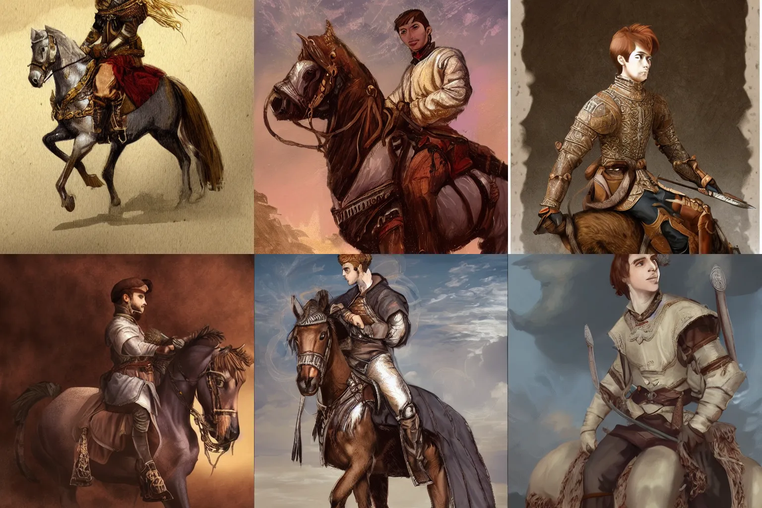 Prompt: concept art, portrait :: young man, sitting on a horse :: expensive medieval clothes, brown hair :: high detail, digital art, fantasy, RPG