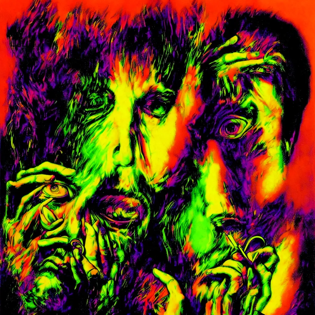 Image similar to psychedelic bright portrait of bill hicks smoking in the style of hans giger, alex grey, lynchian atmosphere, film noir, concept art, art by kuvshinov ilya and zdislav beksinski and wayne barlowe, vivid colors, yellow, purple, red, black, blue, green, orange, pink