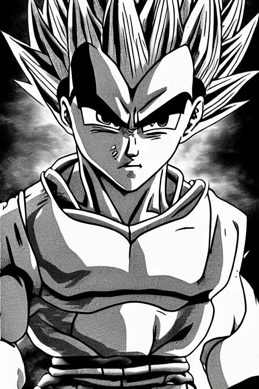 Image similar to prince vegeta, portait, grayscale photography, very detailed, dynamic lighting, akira toriyama 🎨🖌