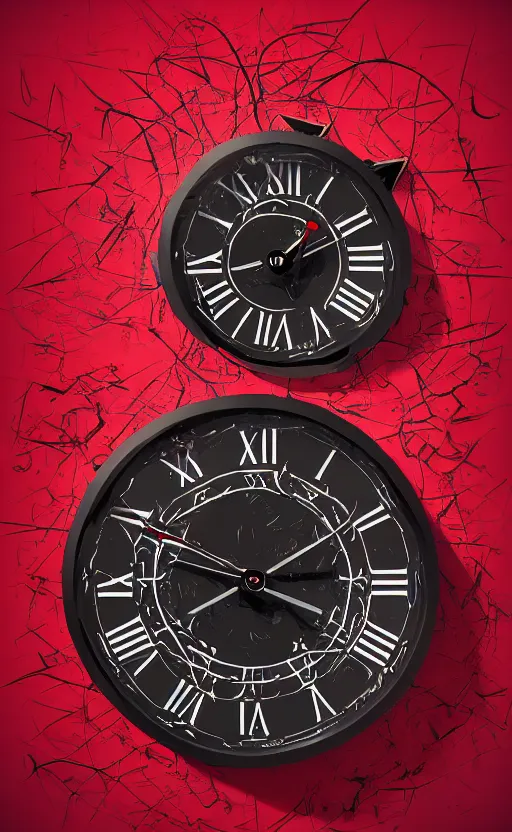 Image similar to a melting Roman numeral clock, behind a red and black gradient background, awith a black heart shaped on the top left corner and a black diamond card shape in the bottom right corner, dynamic lighting, photorealistic fantasy concept art, trending on art station, stunning visuals, cinematic, creative, ultra detailed