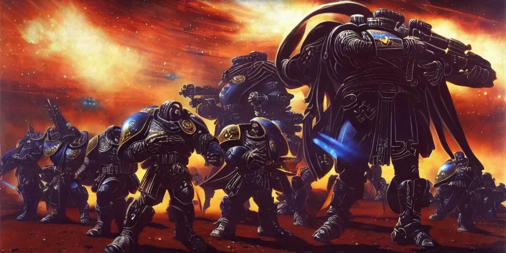 Image similar to Astartes are fighting against space orcs, huge armies, epic battle, a bunch of explosions, bullet tracers, Astartes are very well detailed, orcs are very well detailed, Photo style retro futurism art