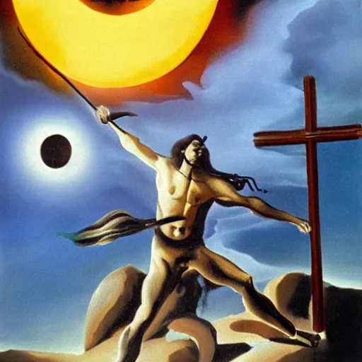 Prompt: flying black cat, solar eclipse, burning tree, painting by salvador dali, jesus carrying his cross, snowy mountain background, joan of arc fighting a viking army - n 4