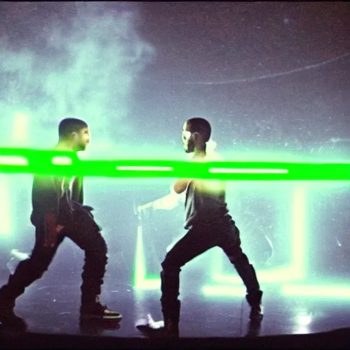 Image similar to kanye west vs drake lightsaber duel, cinematic, realistic