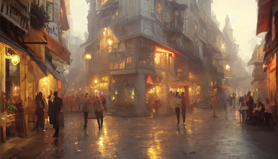 Image similar to Painting with a small european street from from cafe terrace. volumetric lighting, 4k, octane, digital painting, artstation, concept art, sharp focus, illustration, art by artgerm and greg rutkowski and alphonse mucha.