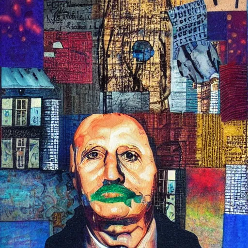 Prompt: dream A portrait of a man, by Karl Wiener, nighttime foreground, abstract!!!, figurative, unreal!!! engine!!!, pen, dark! colors, dirt brick road, Absurdist!! art, Collage