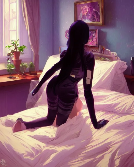 Image similar to emily rajtkowski, goth, posing, vaporwave, modern bedroom!!!!!, highly detailed, digital painting, artstation, concept art, smooth, sharp focus, illustration, art by artgerm and greg rutkowski and alphonse mucha