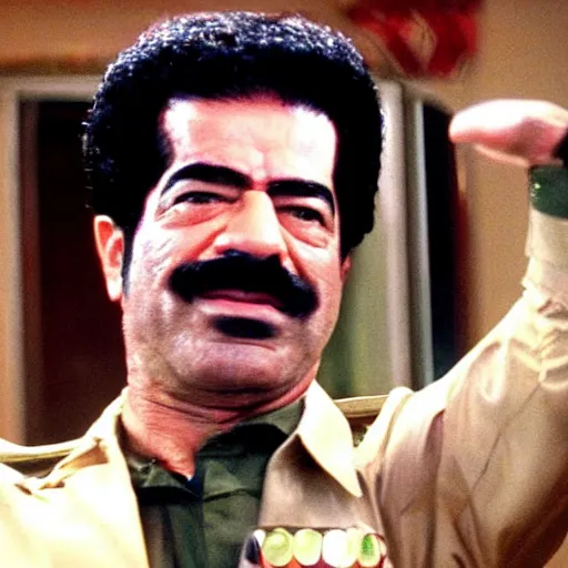 Image similar to A movie still of Saddam Hussein wearing a disco suit in Satuday Night Fever