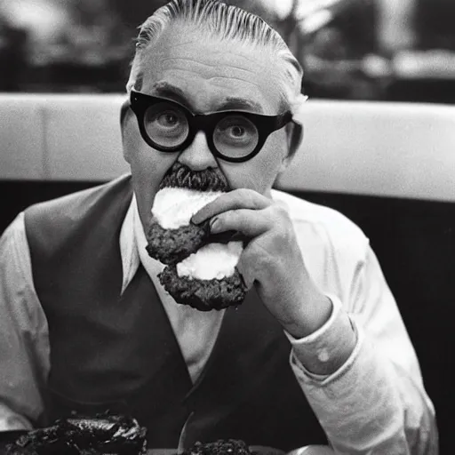 Prompt: An old vintage photograph of Colonel Sanders eating at McDonalds, 4k, highly detailed, photorealistic