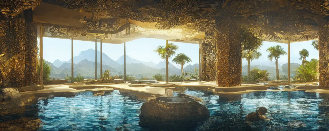 Image similar to surreal hyper luxury spa with intricate golden details with view to arid mountains and palm forest, ultra detailed, photorealism, sharp focus, volumetric light, global illumination