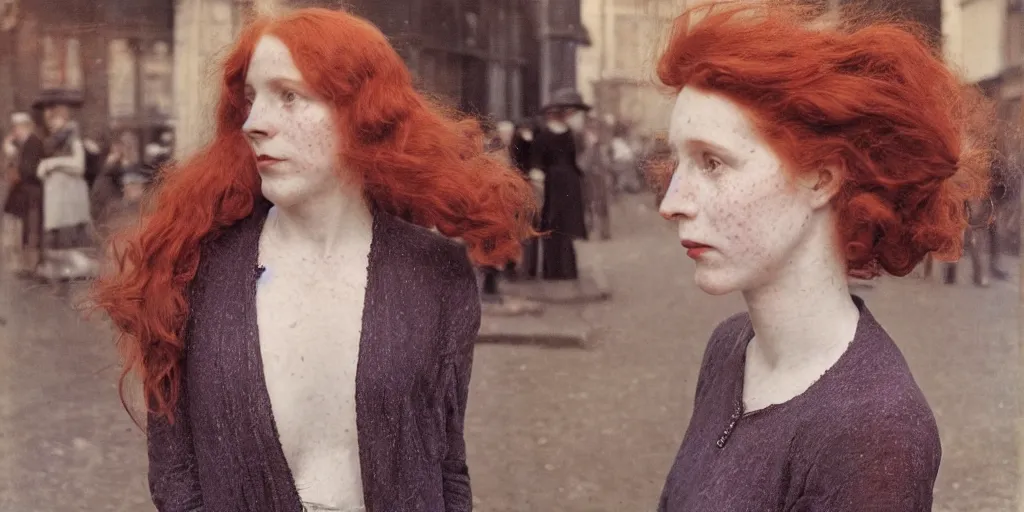 Image similar to a young red haired woman with freckles looks deeply into the camera, 1920's london street, art nouveau, style of Joel Meyerowitz, gustav klimpt, painterly