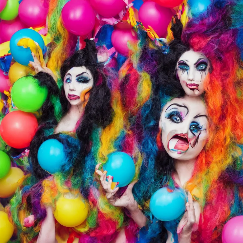 Image similar to a funny humanoid with big colorful hair wearing exaggerated makeup and colorful oversized garments, holding a balloon, portrait, polaroid