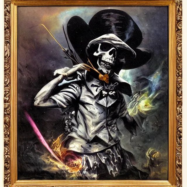 Image similar to grim-hatter, skull cane, voodoo ritual gear, matte painting art from goya and pirner, cursed oil painting, cosmic nebula color tones