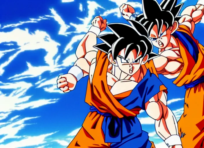 Prompt: goku and jesus christ having an epic anime fight, anime movie frame, cinematic composition