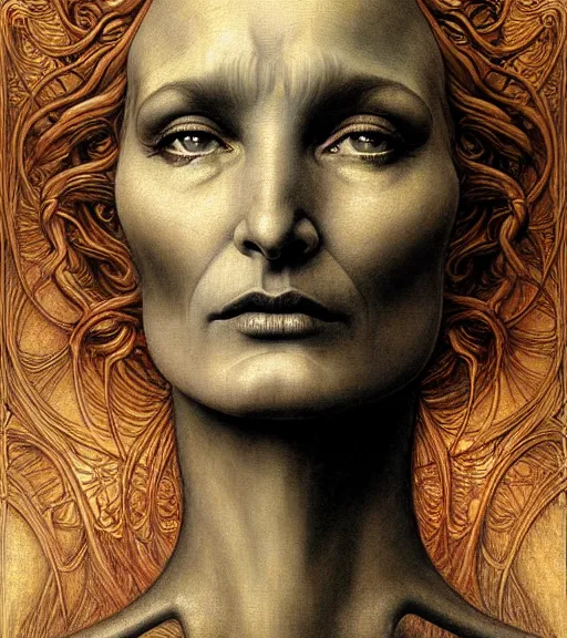 Image similar to detailed realistic beautiful young alien robot jessica lange as queen of mars face portrait by jean delville, gustave dore and marco mazzoni, art nouveau, symbolist, visionary, gothic, pre - raphaelite. horizontal symmetry by zdzisław beksinski, iris van herpen, raymond swanland and alphonse mucha. highly detailed, hyper - real, beautiful