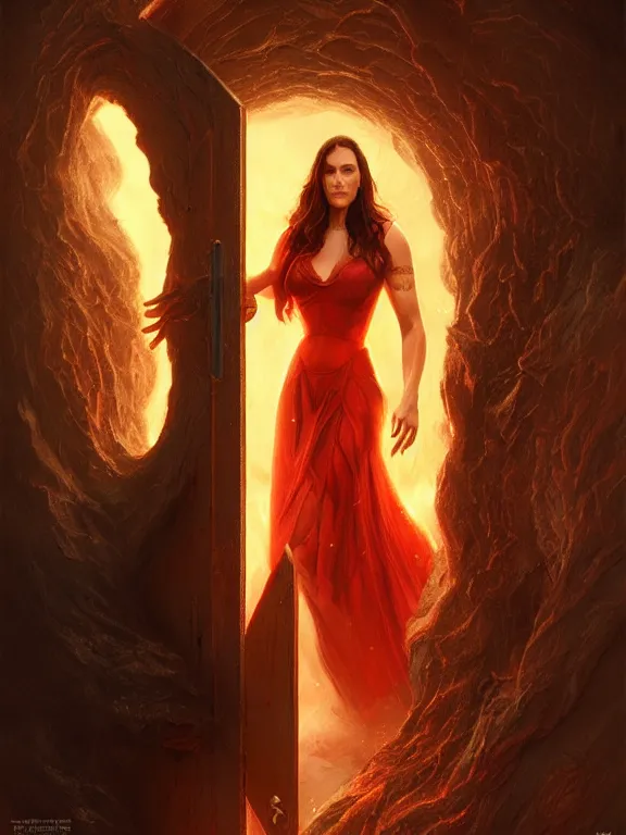 Image similar to Jennifer Connelly opening the door to hell, red lighting, time warping, D&D, fantasy, highly detailed, digital painting, trending on artstation, concept art, sharp focus, illustration, art by artgerm and greg rutkowski and magali villeneuve