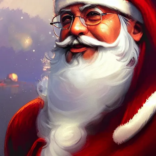 Image similar to Hanif Bali as Santa Claus, closeup, D&D, fantasy, intricate, elegant, highly detailed, digital painting, artstation, concept art, matte, sharp focus, illustration, hearthstone, art by Artgerm and Greg Rutkowski and Alphonse Mucha