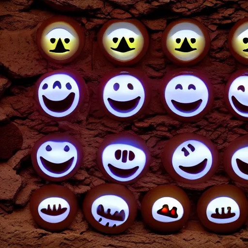 Prompt: smiley face emojis on cave wall, digital image, 8k
