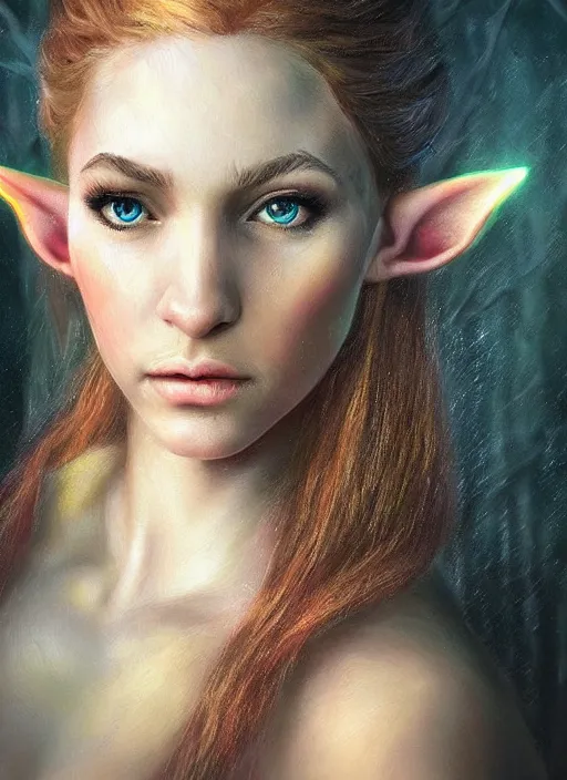 Prompt: A hyperrealistic fantasy portrait painting of a gorgeous young female elf in a lush dark atmospheric lightning forest, DAZ, hyperrealistic, ambient light, dynamic light