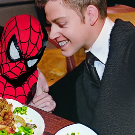 Image similar to photo spider man in a romantic dinner with an emperor penguin