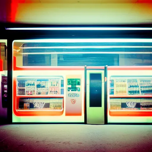 Image similar to noisy color photograph of inside a retrofuturist empty convenience store, dark pit, minimalist, cinematic, soft vintage glow, lens flare