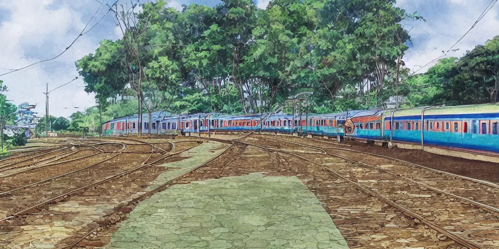 Image similar to sri lankan train station, drawn by hayao miyazaki