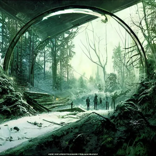 Image similar to stairs leading to a frozen derelict portal in a middle of a snowy lush futuristic forest, green lush world seen only through a portal, daylight, cinematic lighting, blue sky, syd mead, john harris