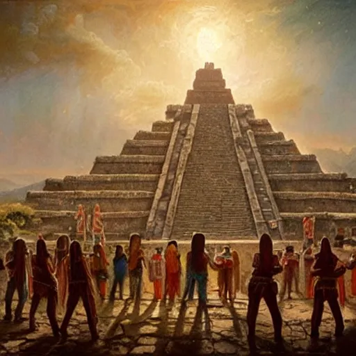 Prompt: pacal Votan and Aztec priests greeting aliens in an ancient Aztec temple. 8K Highly detailed oil painting by Greg rutkowski