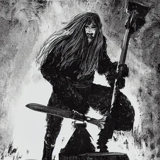 Image similar to norse troll blacksmith with sledgehammer profile portrait half body monochrome portrait hammer cover illustration dramatic kvlt by peder balke by peder balke by guido crepax by norman bluhm mystic high contrast monochromatic norway