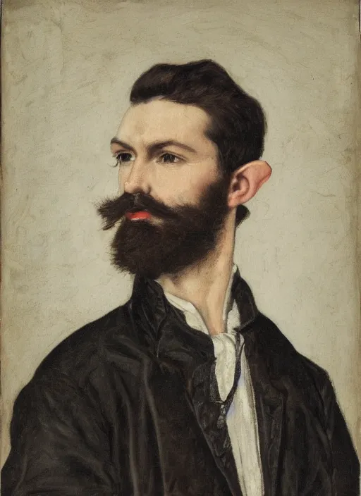 Image similar to portrait of handsome young elf with brown eyes brown hair and a short neat beard by charles angrand, only one head single portrait, pointy ears, wearing a black leather collared jacket