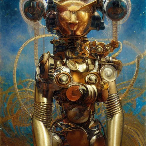 Image similar to highly detailed portrait of an humanoid robotic cat mecha, painting by gaston bussiere, craig mullins, j. c. leyendecker, lights, art by ernst haeckel, john william godward, hammershøi,