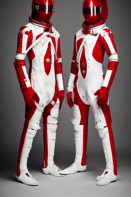 Image similar to photography of red and white space suits designed for knights templar by rick owens, with the knights templar cross logo, golden linings, heroic posing, photo shoot, by annie leibovitz, sigma 85mm 1.4, glows, sharp, high contrast