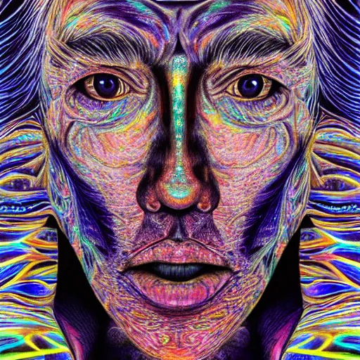 Image similar to dark portrait of one Bioluminescent old shaman, with cracked reaction diffusion semi-transparent skin. multicolored fish scales, closeup. long dark hair with insects. realistic. intricate, very detailed, by alex grey and Moebius