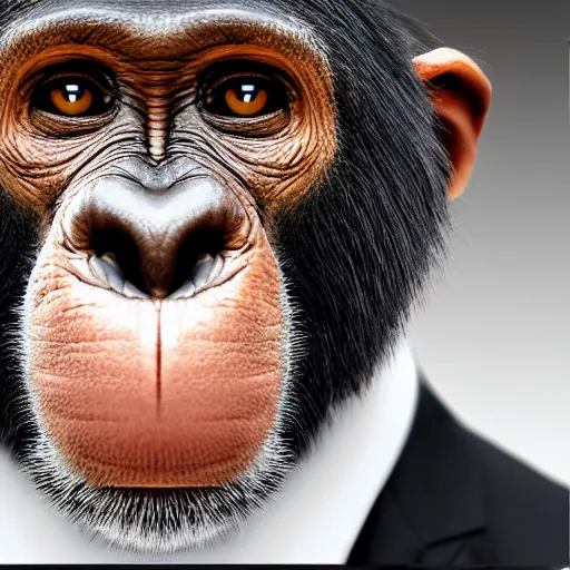 Image similar to a high detail closeup photograph of a chimpanze wearing a suit 👔, award wining photograph, digital art