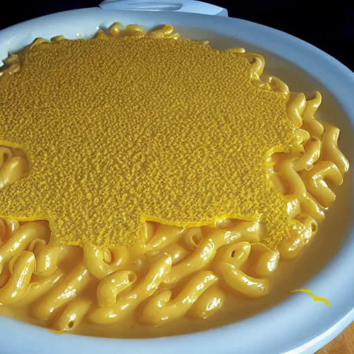 Image similar to On the flat earth, the oceans are prevented from falling off the edge by a giant wall made of macaroni and cheese.