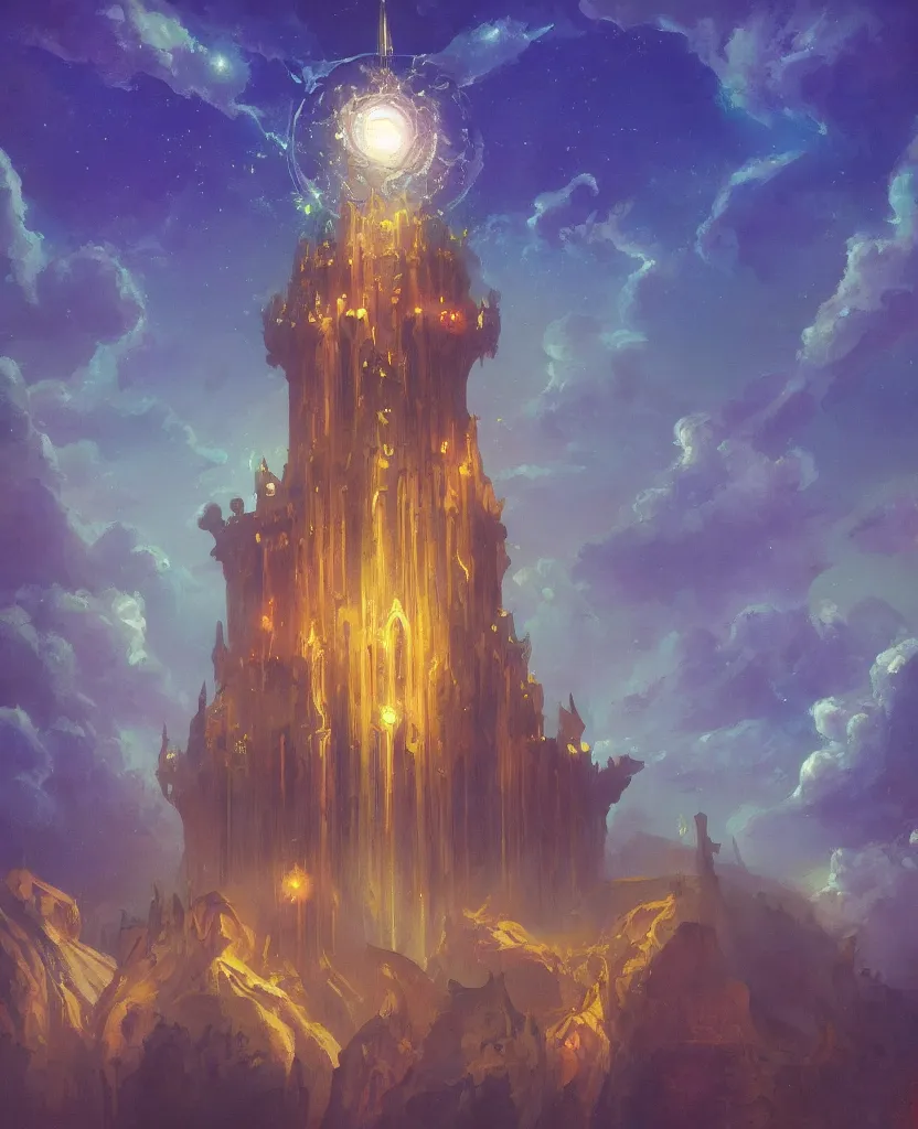 Prompt: “ a painting in the style of magic the gathering of an ancient tower, it is a glowing fortress and has iridescent mana radiating from it into the aether. it is centered. the background is the sky at night. retrofuturistic fantasy ”