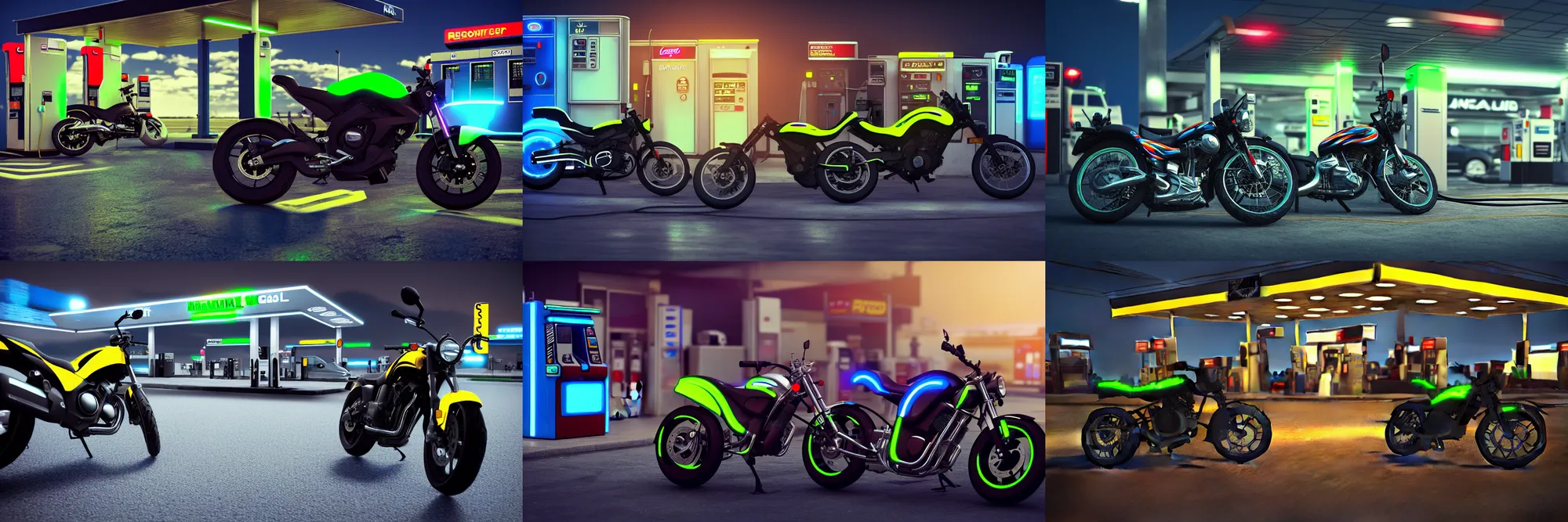 Prompt: motorcycle parked at a gas station with neon highlights, realistic, octane render, unreal engine,