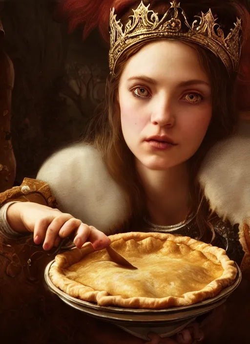 Image similar to highly detailed closeup portrait of a fairytale medieval princess eating meat pies, unreal engine, greg rutkowski, nicoletta ceccoli, mark ryden, earl norem, lostfish, global illumination, god rays, detailed and intricate environment