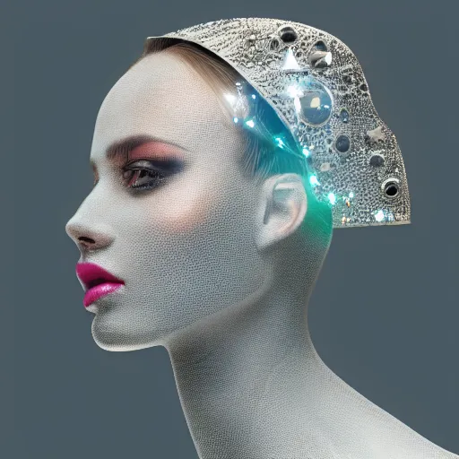 Image similar to portrait of a beautiful futuristic woman layered with high-tech jewelry wrapping around her face and head, 2067